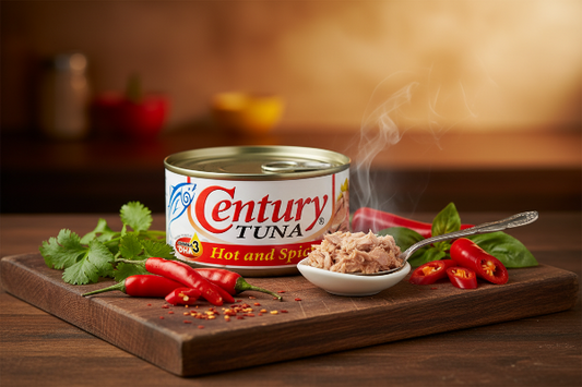 Can of Century Tuna Hot and Spicy on a white background with Kabayan logo.