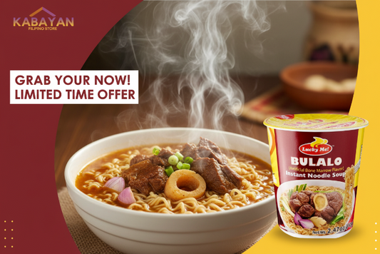 Lucky Me! Bulalo instant noodle soup cup with brand logo on a white background