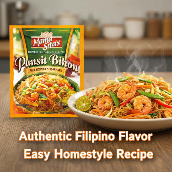 Mama Sita's Pansit Bihon package with a bowl of noodles on a white background