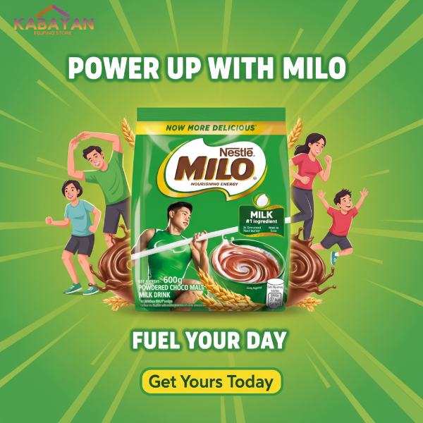 Nestle Milo powdered choco milk drink package with a person holding a spoonful of the drink.