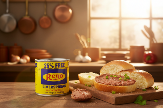 Can of Reno Brand Liverspread with '25% Free' label on a white background, featuring the Kabayan logo.