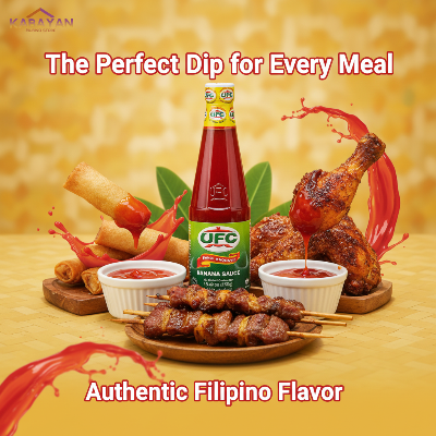 Bottle of UFC banana sauce on a white background with 'Kabayan Filipino Store' branding.