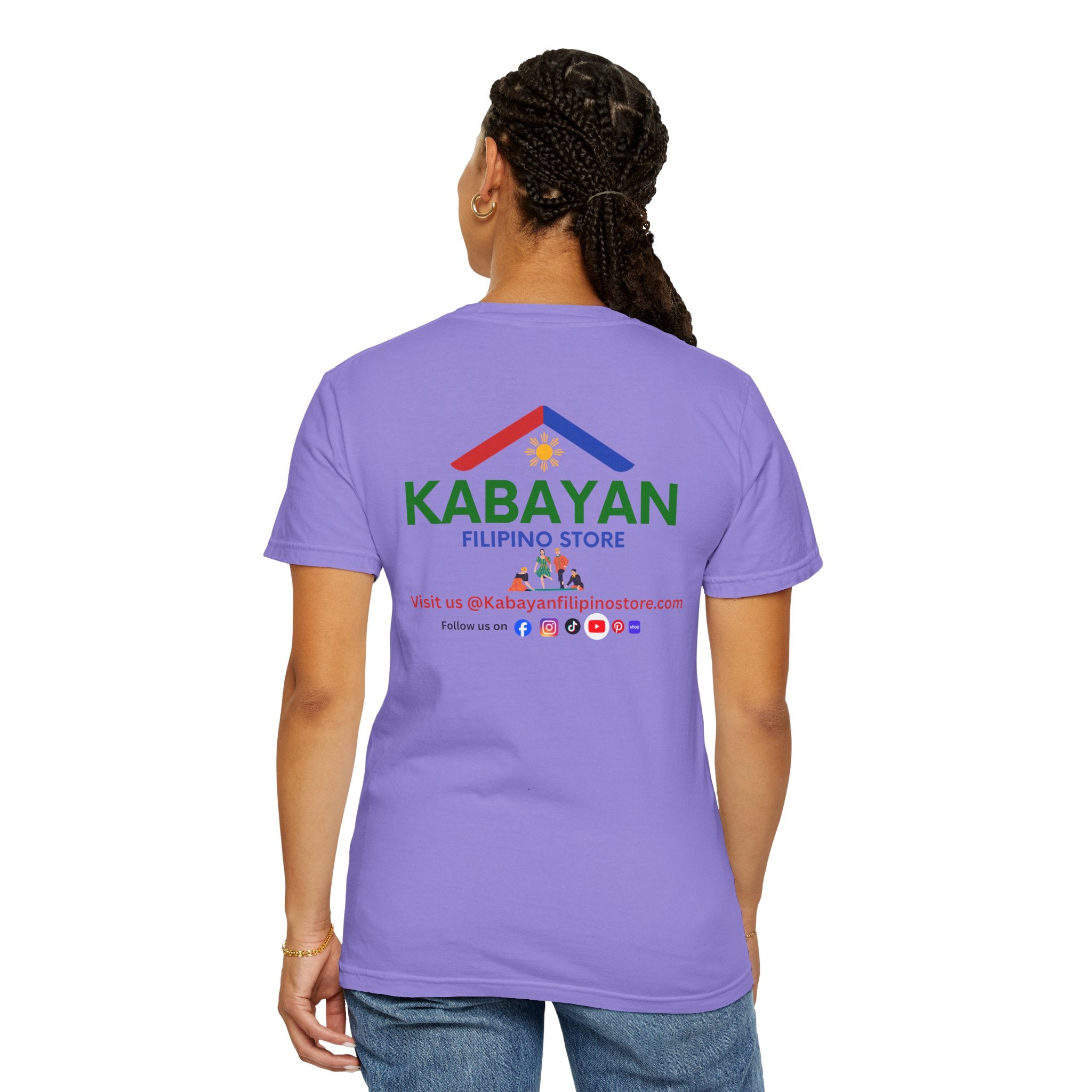 Person wearing a purple t-shirt with 'Kabayan Filipino Store' logo on the back.