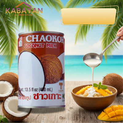 Can of Chaokoh coconut milk with a coconut image on the label, branded as Kabayan Filipino Store.