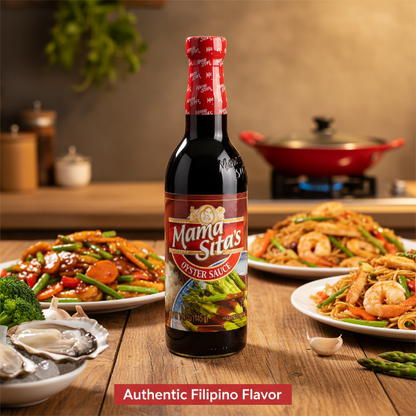 Bottle of Mama Sita's Oyster Sauce with a red label on a white background
