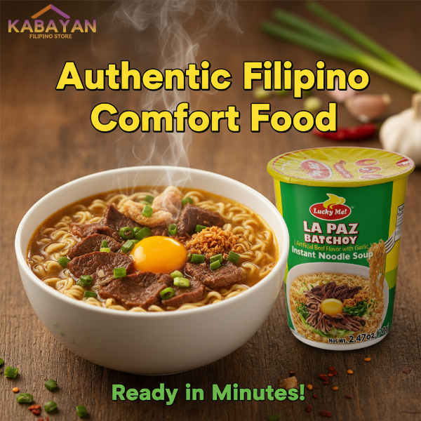 Lucky Me! La Paz Batchoy instant noodle soup cup on a white background