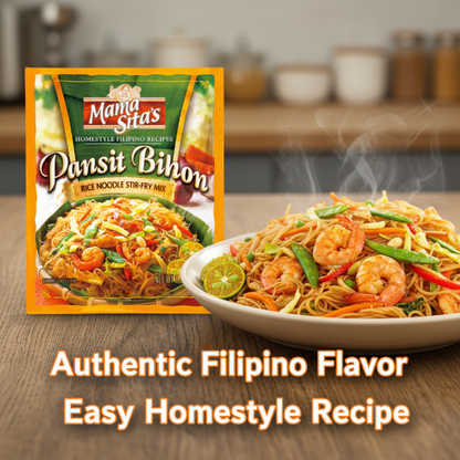 Mama Sita's Pansit Bihon package with a bowl of noodles on a white background