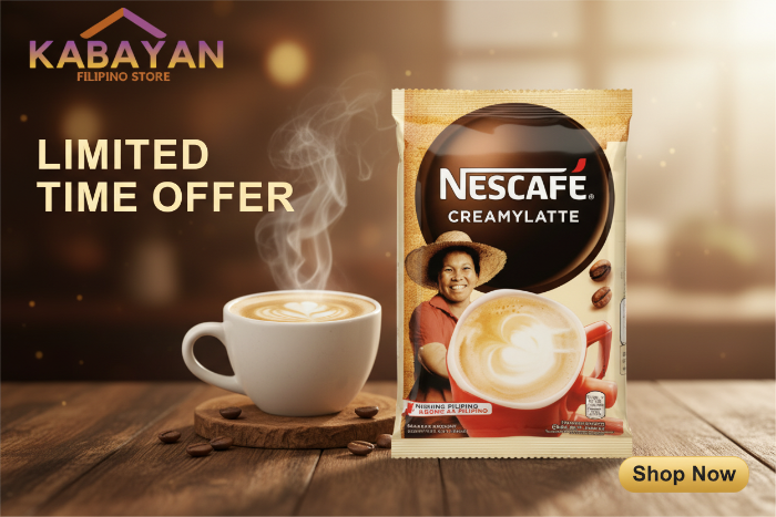 Nescafe Creamy Latte packaging with a woman and coffee cup illustration on a white background.