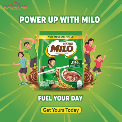 Nestle Milo powdered choco milk drink package with a person holding a spoonful of the drink.